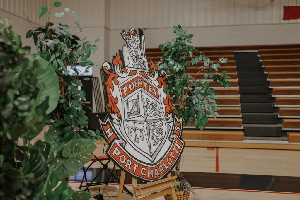 Port Charlotte High School Pirates crest displayed in the gymnasium